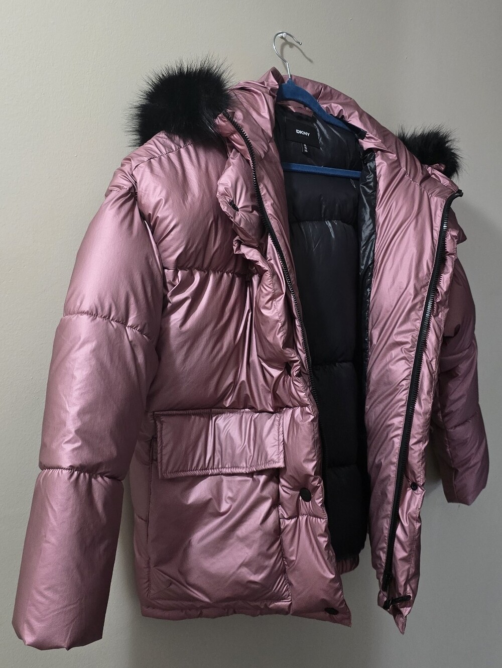 DKNY Women's Pink Metallic Puffer Coat with Faux Fur Trim